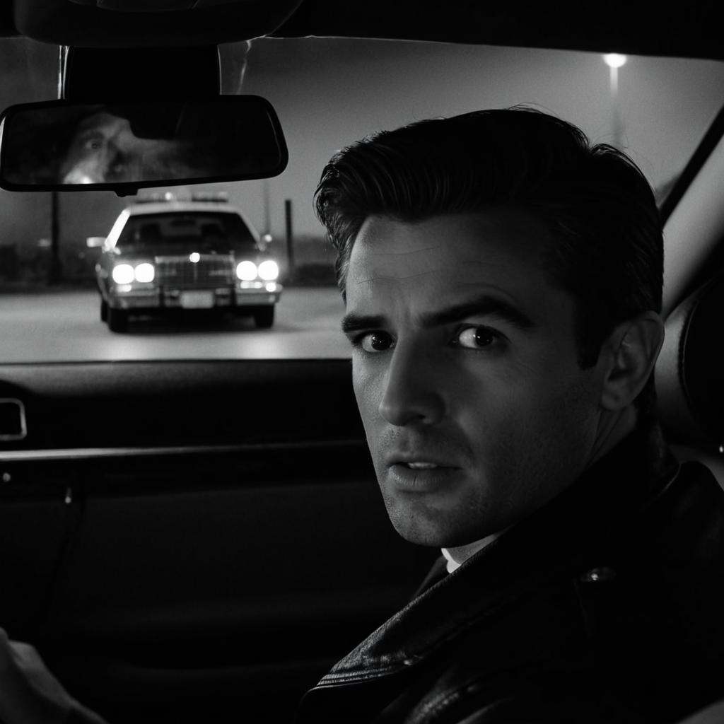 cinematic film still of a closeup of a surprised man on the right in a car looking at a police car on the left in the back...