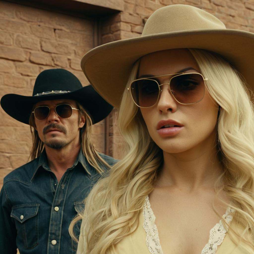 a closeup of a cowboy woman on the right wearing a hat and sunglasses looking at camera in front of a man walking to a ban...