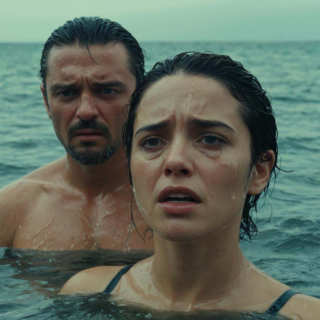a closeup of a man on the right is standing in the water looking at camera with a woman on the left swimming in the backgr...