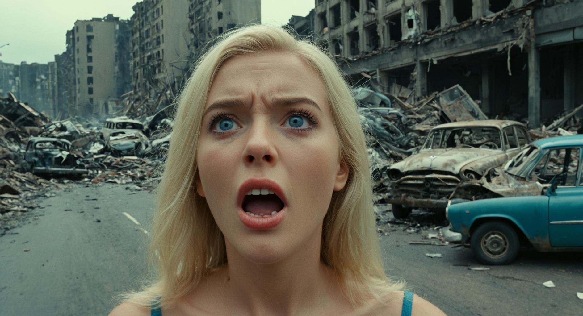 a closeup of a blonde woman on the left with a surprised look on her face looking up at something with destroyed wrecked c...