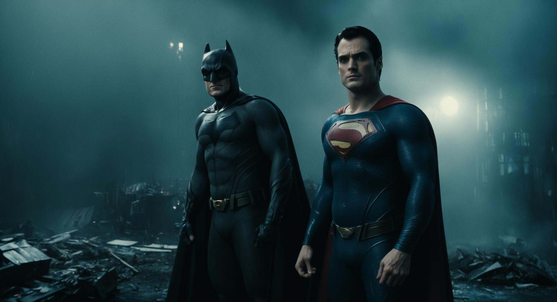 In cinematic film style,  Superman staring on the left behind batman on the right on Tensor.Art