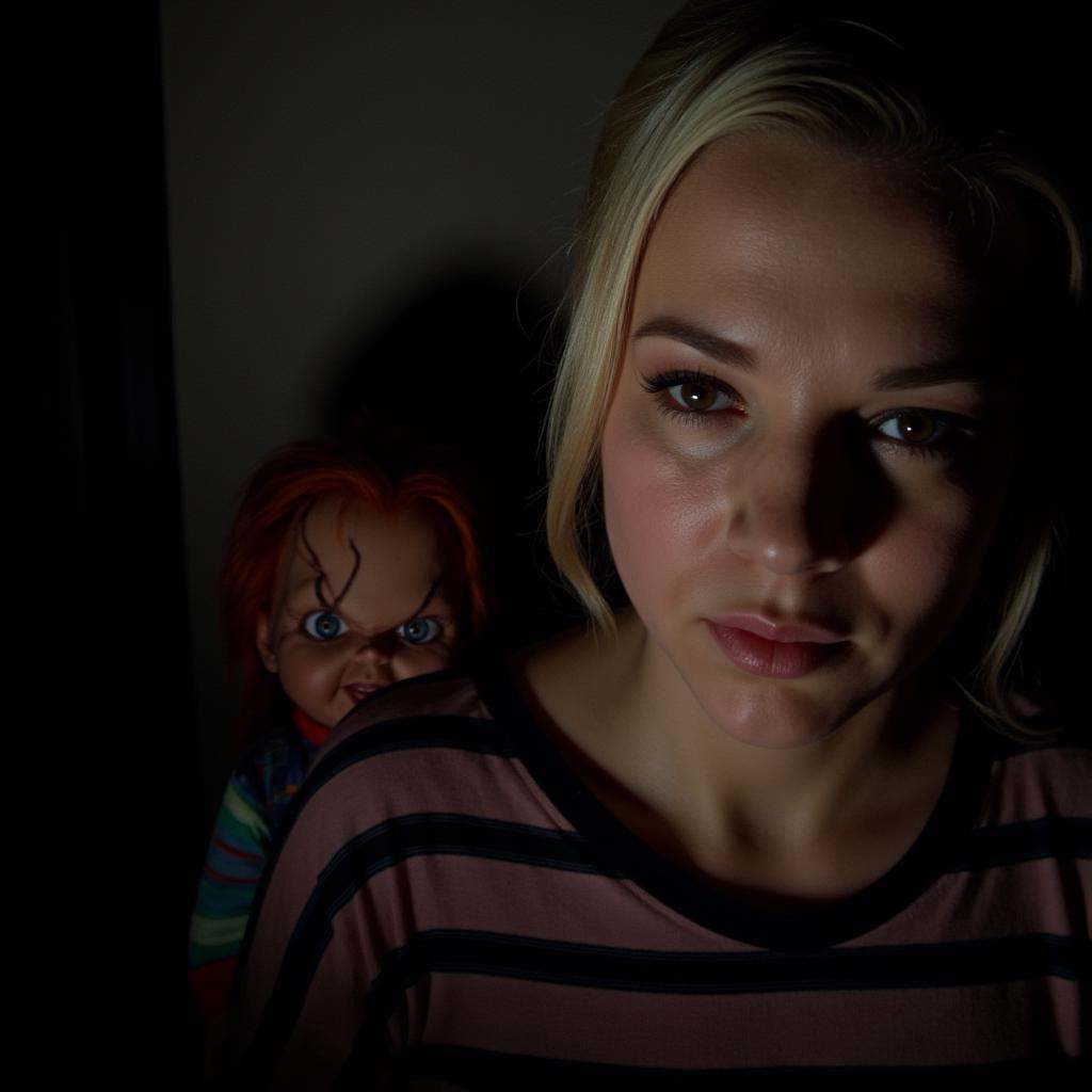 cinematic film still of all in focus cinematic a closeup on a gothic looking blonde woman staring at camera while standing...