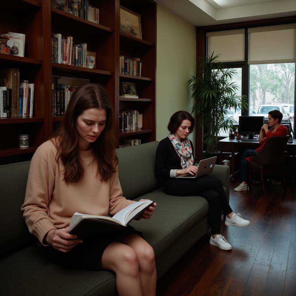 cinematic film still of all in focus cinematic a group of 4 different woman sitting in a library,  1 woman reading a book...
