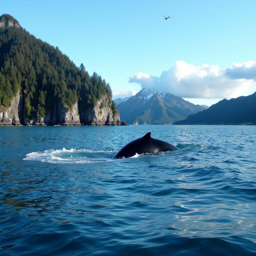 cinematic film still of all in focus cinematic a whale is swimming in the ocean water near a mountain,  perfect image,  pe...