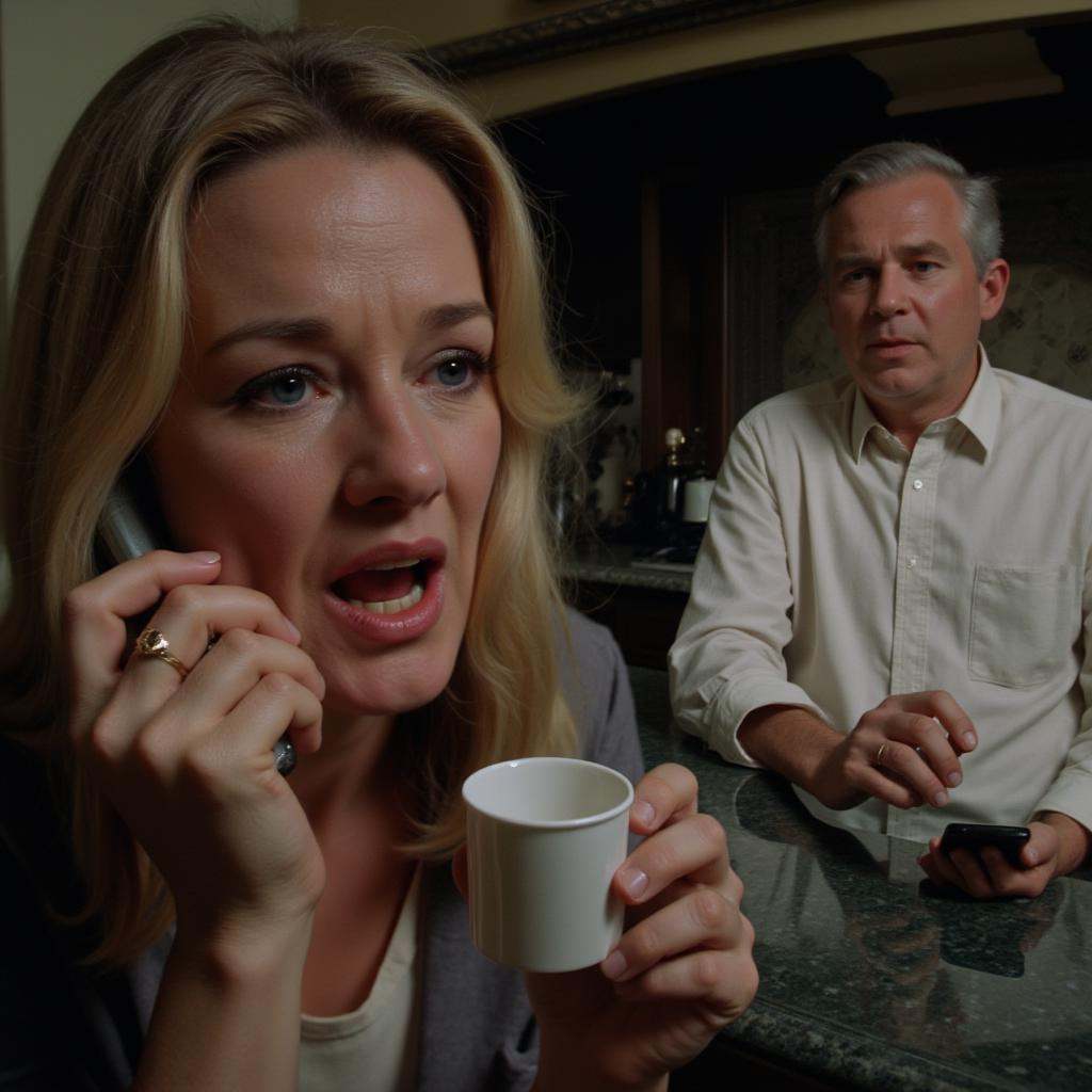 cinematic film still of all in focus cinematic a mature housewife woman talking on a cell phone in front of her husband an...