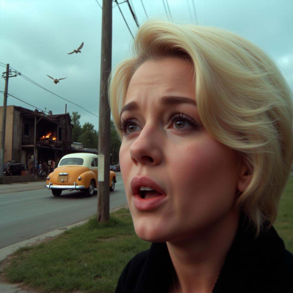 cinematic film still of all in focus cinematic a closeup of a blonde woman with a surprised look on her face looking up at...