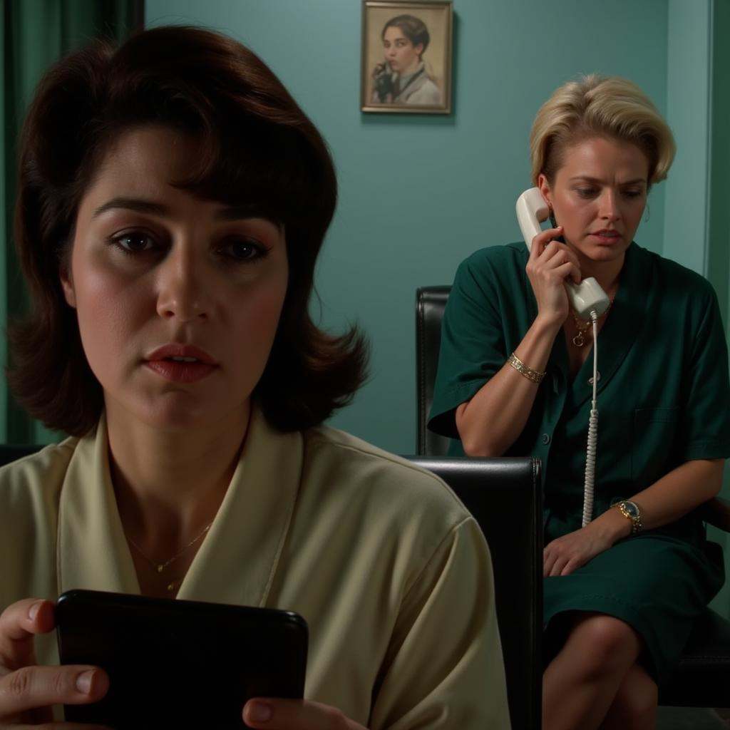 cinematic film still of all in focus cinematic a closeup on a sad brunette woman sitting on a chair looking at something i...