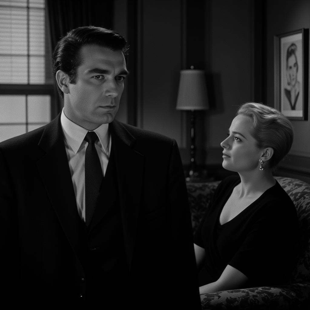 cinematic film still of all in focus cinematic a man in suite and tie standing in front of a woman sitting on a couch look...