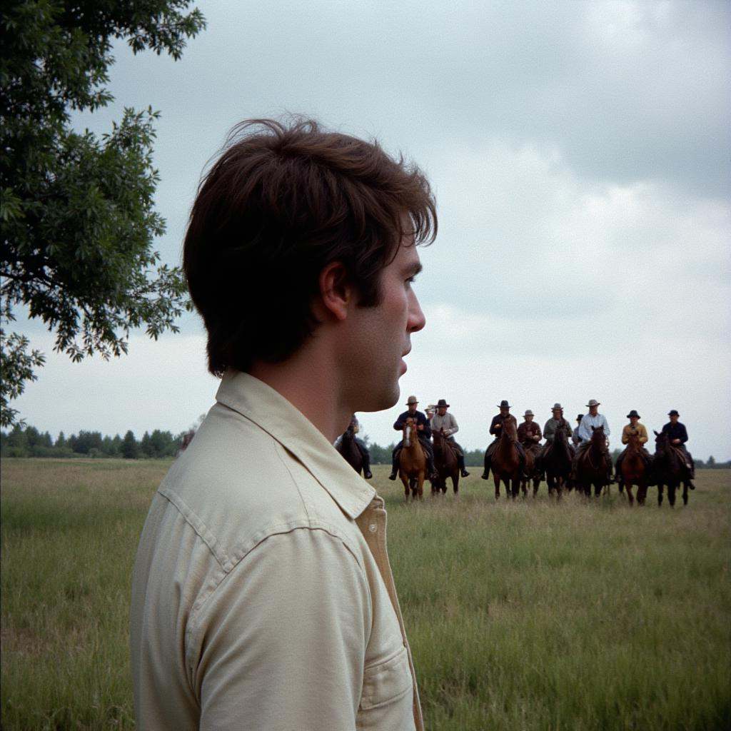 cinematic film still of all in focus cinematic a man in white shirt from behind looking at a group of different cowboy peo...