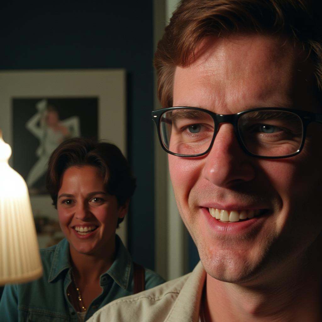cinematic film still of all in focus cinematic a closeup of a smiling man in glasses staring at camera in bathroom in fron...