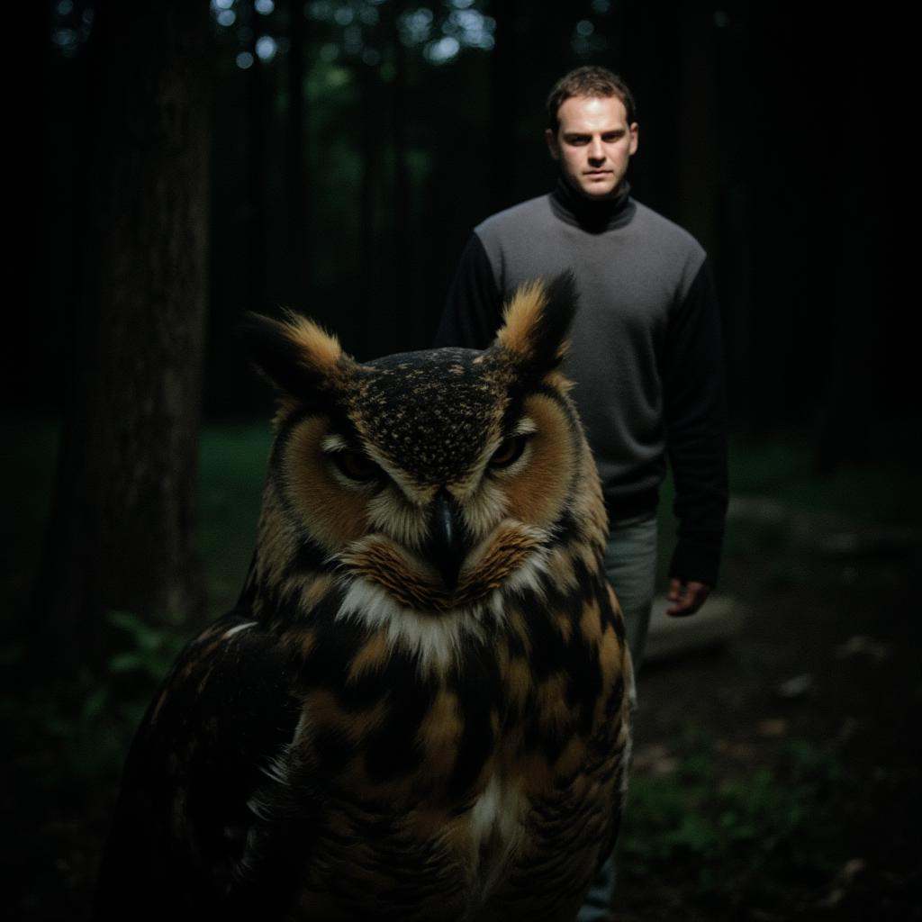 cinematic film still of all in focus cinematic a large owl staring at camera in front of a man in background in forest woo...