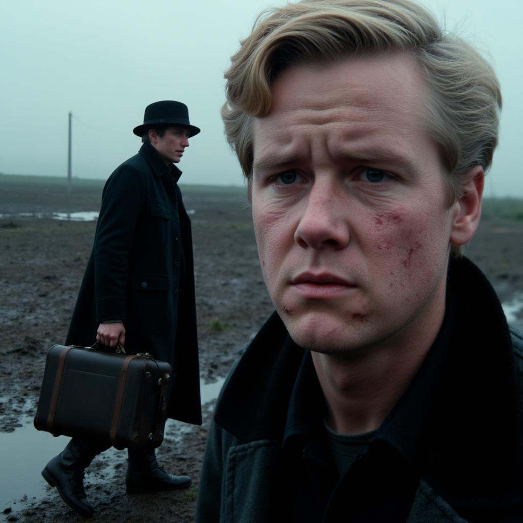 cinematic film still of all in focus cinematic a sad looking young man with wrinkled face staring at camera in sadness in...