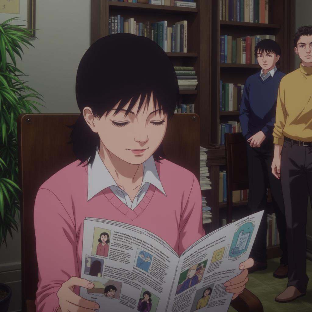 cinematic film still of all in focus cinematic cartoon a manga housewife closed eyes woman reading a book in a room in fro...