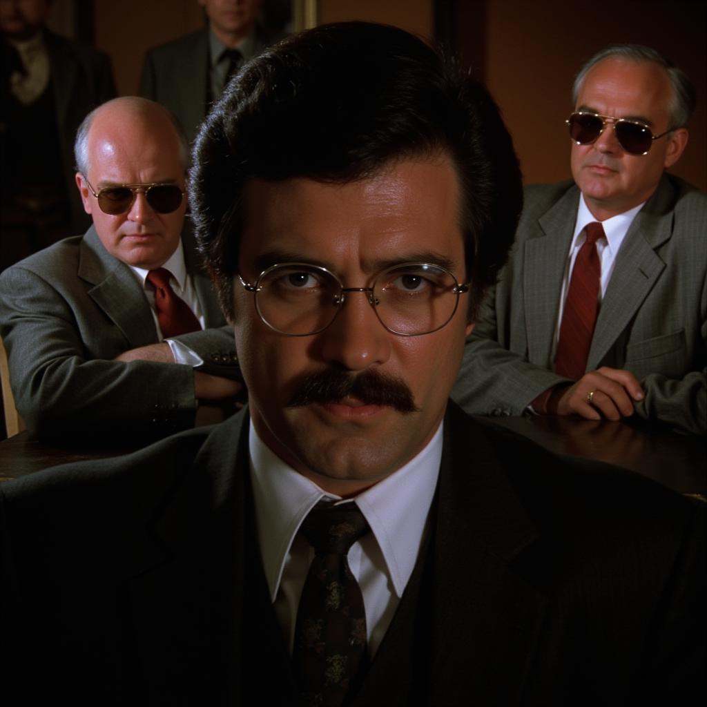 cinematic film still of all in focus cinematic a man in a suit and mustache looking at camera while sitting on a chair in...