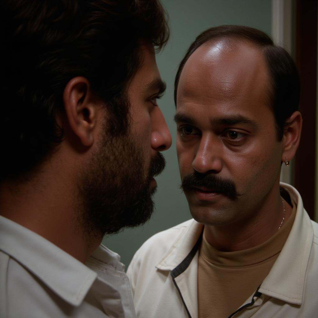 cinematic film still of all in focus cinematic an Indian man with a mustache and a bald head staring at anther Indian man...
