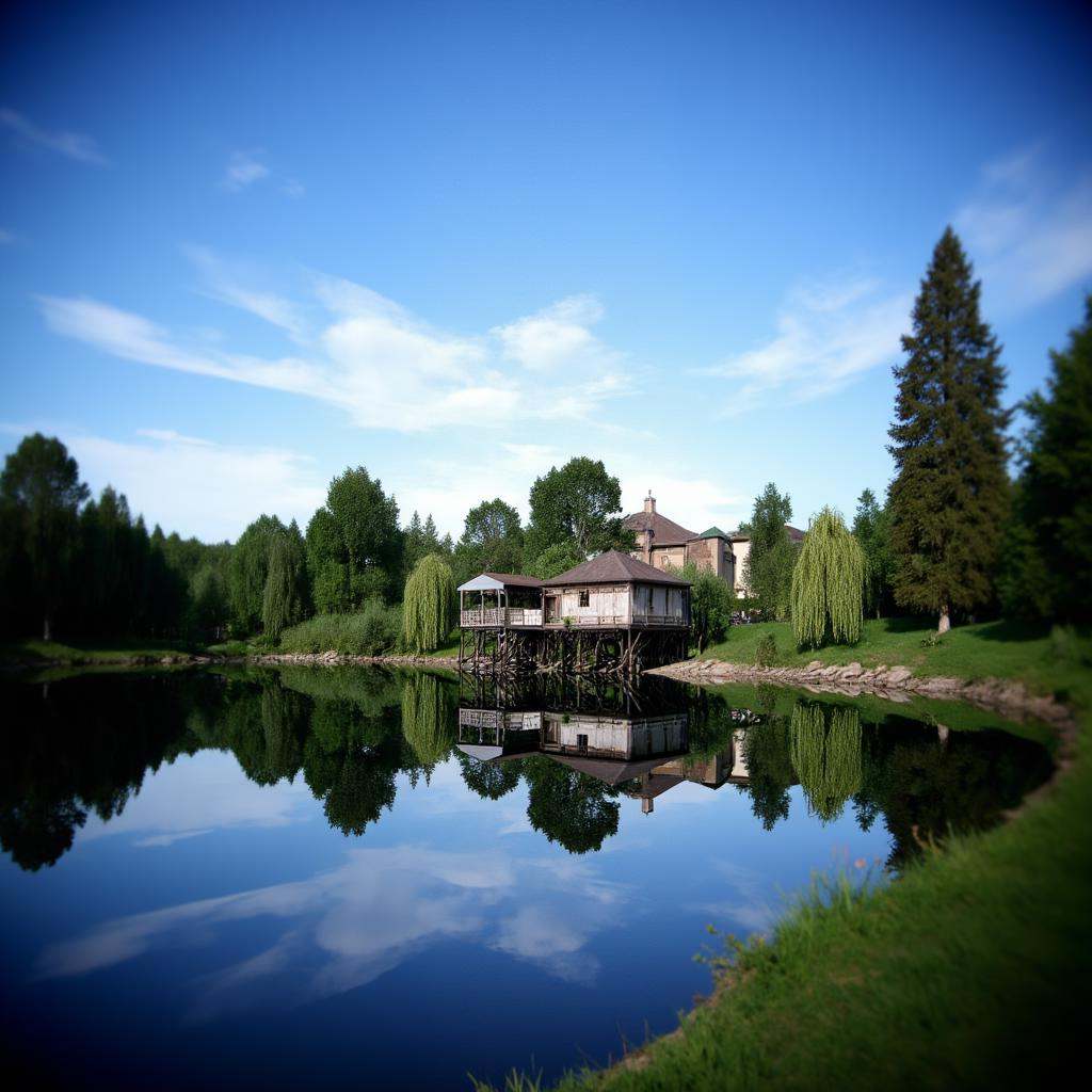 cinematic film still of all in focus cinematic a small wooden dock sitting next to a lake,  perfect image,  perfect body o...