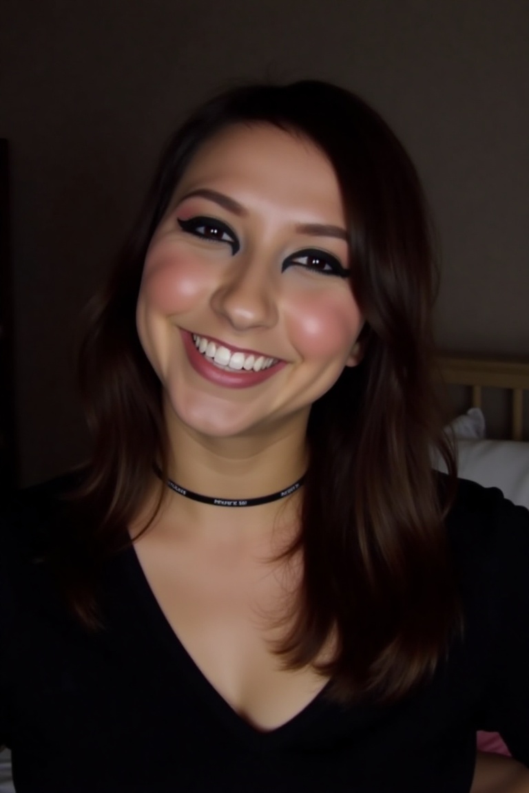 Boxxy beams brightly as she gazes directly into the camera lens,  her face aglow with a soft ring light. Her joyful expres...