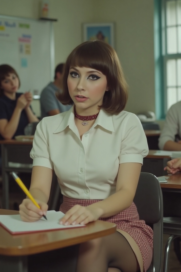 Portrait of a beautiful girl,  Boxxy. 20 years old. Busty Sitting in 1960's college classroom taking notes. A cute young g...