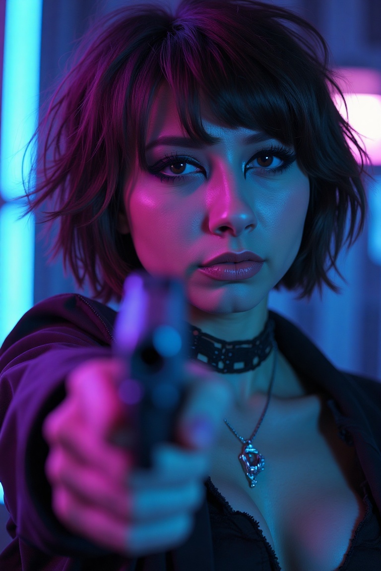 a movie poster: Boxxy with disheveled short hair and bangs,  choker,  winged eyeliner with a gun pointed towards the camer...