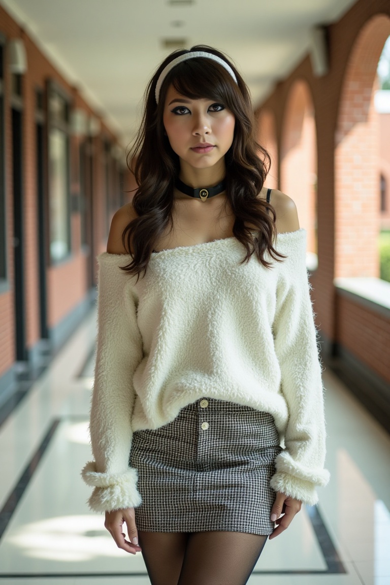 sharp focus shot of a stunning Boxxy looking at the camera in college campus she is wearing an off-the-shoulder fluffy whi...
