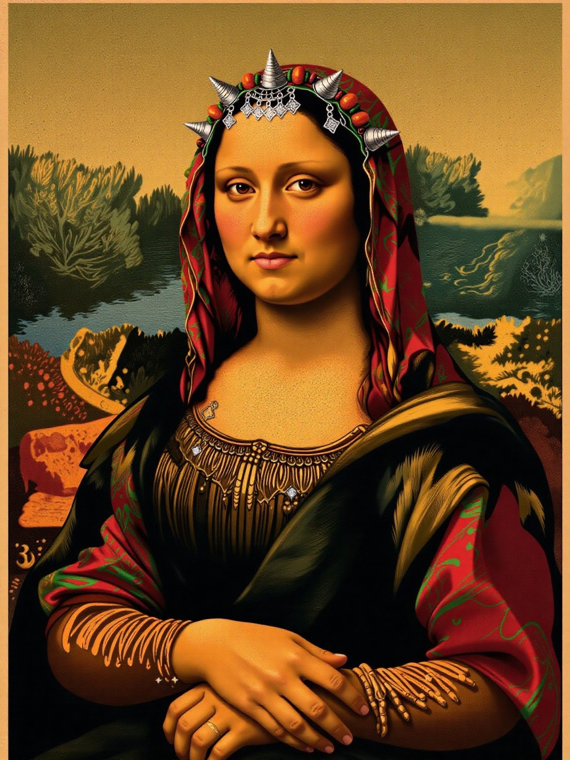 The Mona Lisa is now depicted wearing a traditional Moroccan kaftan with intricate embroidery and on her forhead a colorfu...