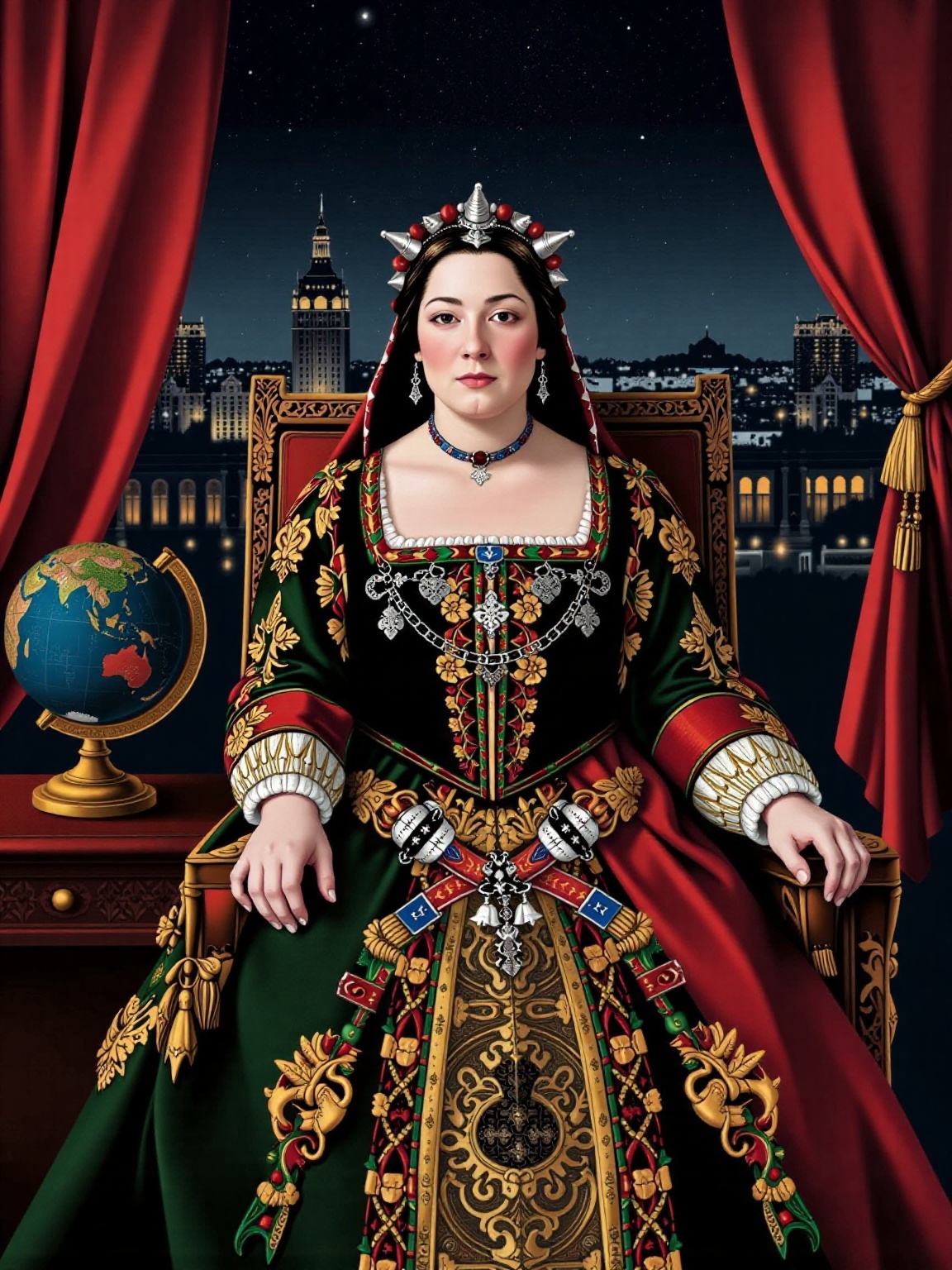 cyberpunk cityscape Illustrate Queen Elizabeth I in her royal finery,  seated in her throne room at the Palace of Whitehal...