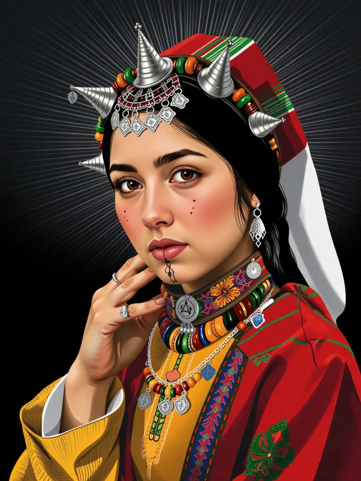 Girl with a Pearl Earring is now depicted wearing a traditional Moroccan kaftan with intricate embroidery and on her forhe...