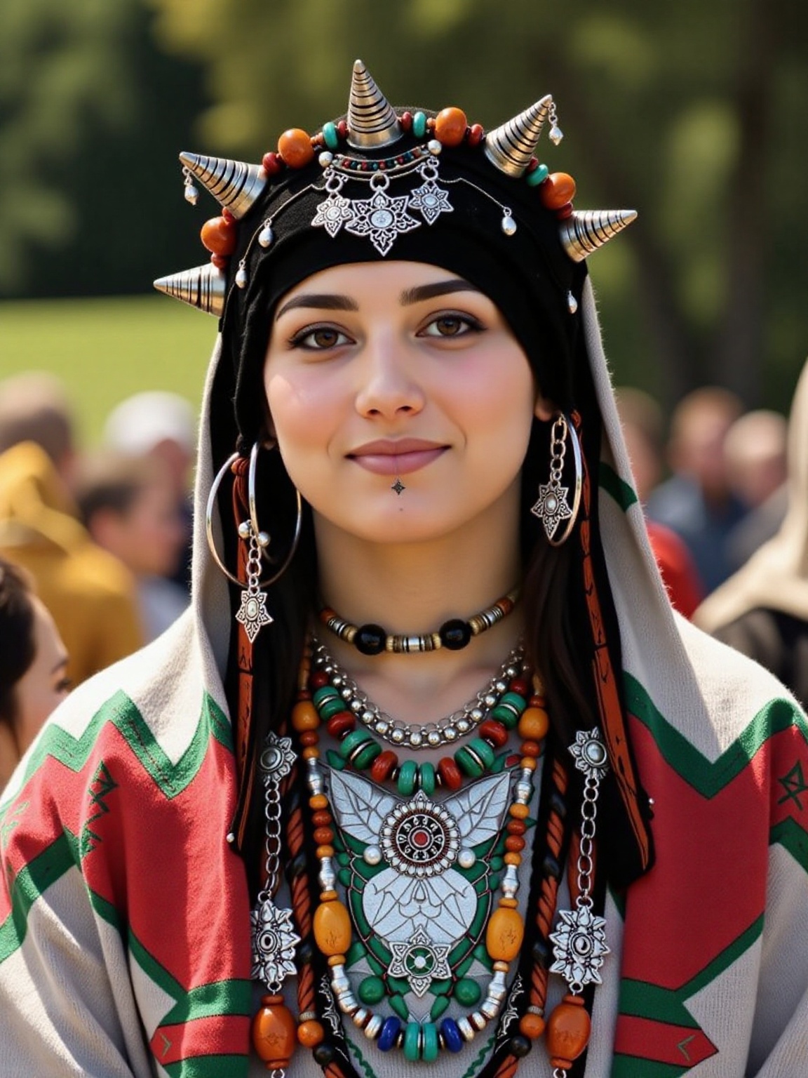 a woman dressed in traditional attire. She is adorned with an array of ornate jewelry,  including large hoop earrings,  a...
