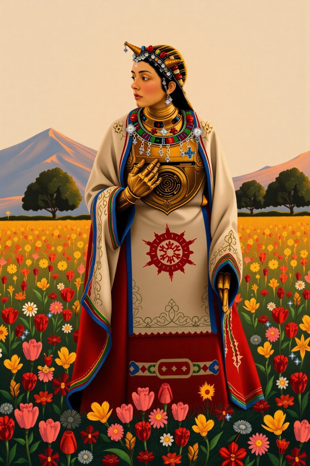 flower field,  Award-Winning ,  she is dressed in adrr-atbmrn on Tensor.Art