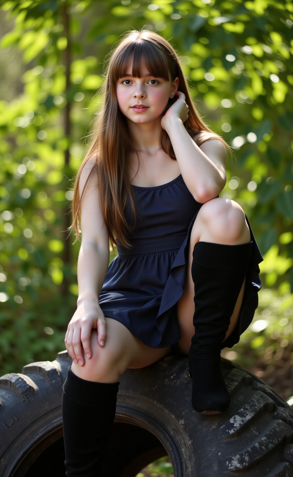 Eden,  13 years old,  is seated confidently on a large on Tensor.Art