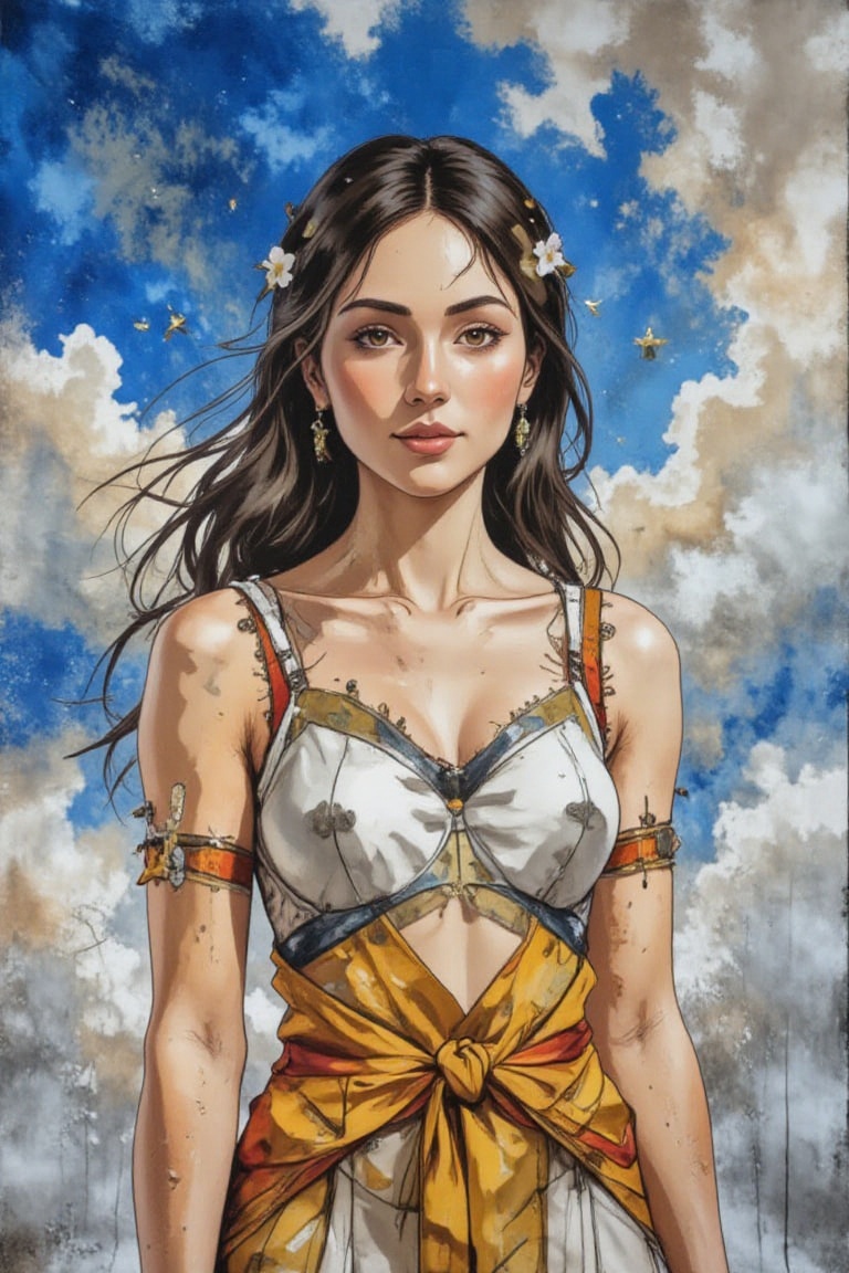 Byzantine girl with blue sky and white clouds background,  sexy outfit,  upper body on Tensor.Art