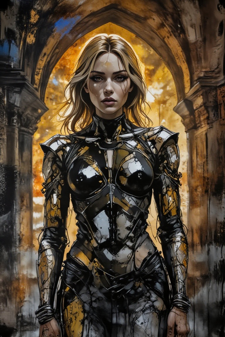 In a majestic castle setting,  an exquisite futurista lady stands tall,  her heroic pose radiating elegance. Her head and...