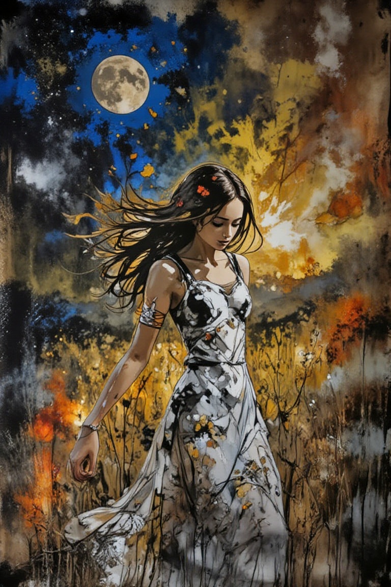 a painting of a girl walking in a field under a full moon,  in the style of graceful movement,  orange and azure on Tensor...