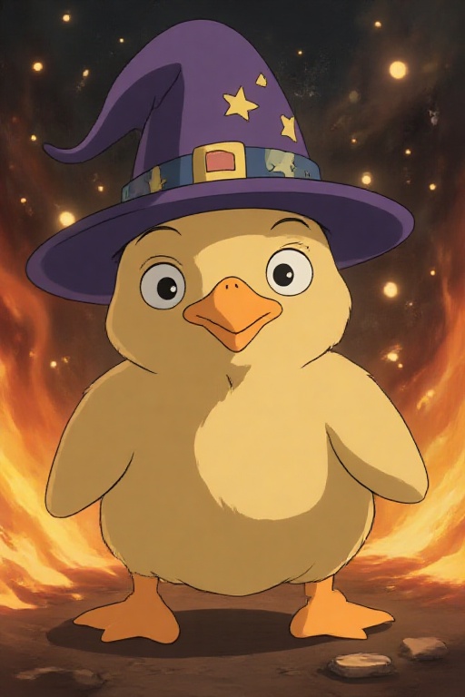 Adorable anime-style duck sorcerer with massive sparkling eyes and tiny pointed beak,  drawn in contemporary anime aesthet...