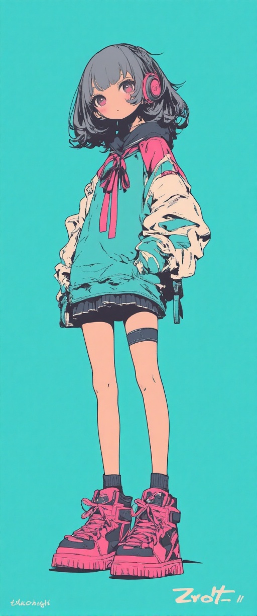 The image depicts a stylized,  anime-inspired character with short black hair and pink eyes. She is wearing a green and wh...