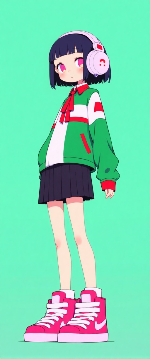 The image depicts a stylized,  anime-inspired character with short black hair and pink eyes. She is wearing a green and wh...