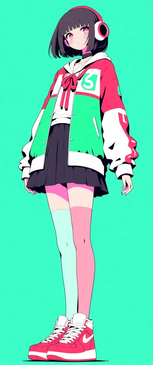 The image depicts a stylized,  anime-inspired character with short black hair and pink eyes. She is wearing a green and wh...