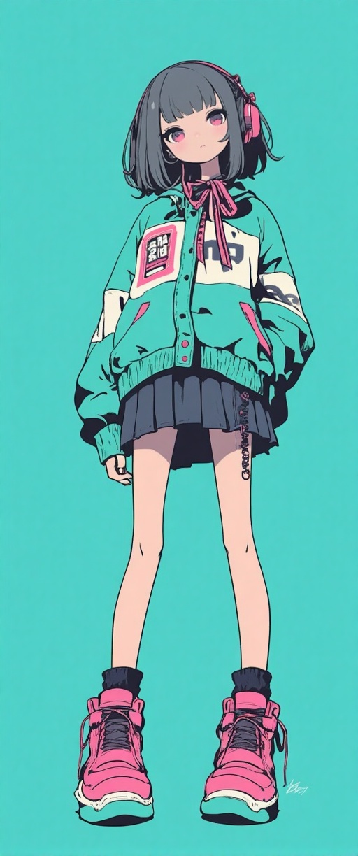 The image depicts a stylized,  anime-inspired character with short black hair and pink eyes. She is wearing a green and wh...
