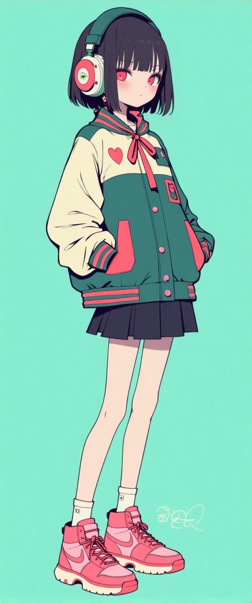 The image depicts a stylized,  anime-inspired character with short black hair and pink eyes. She is wearing a green and wh...