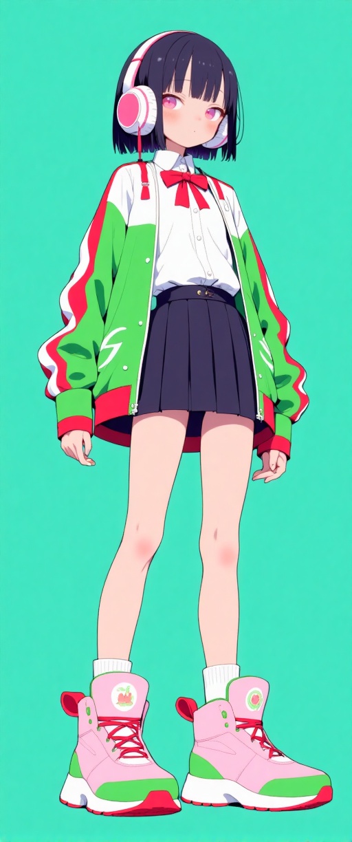 The image depicts a stylized,  anime-inspired character with short black hair and pink eyes. She is wearing a green and wh...