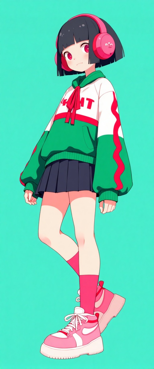 The image depicts a stylized,  anime-inspired character with short black hair and pink eyes. She is wearing a green and wh...