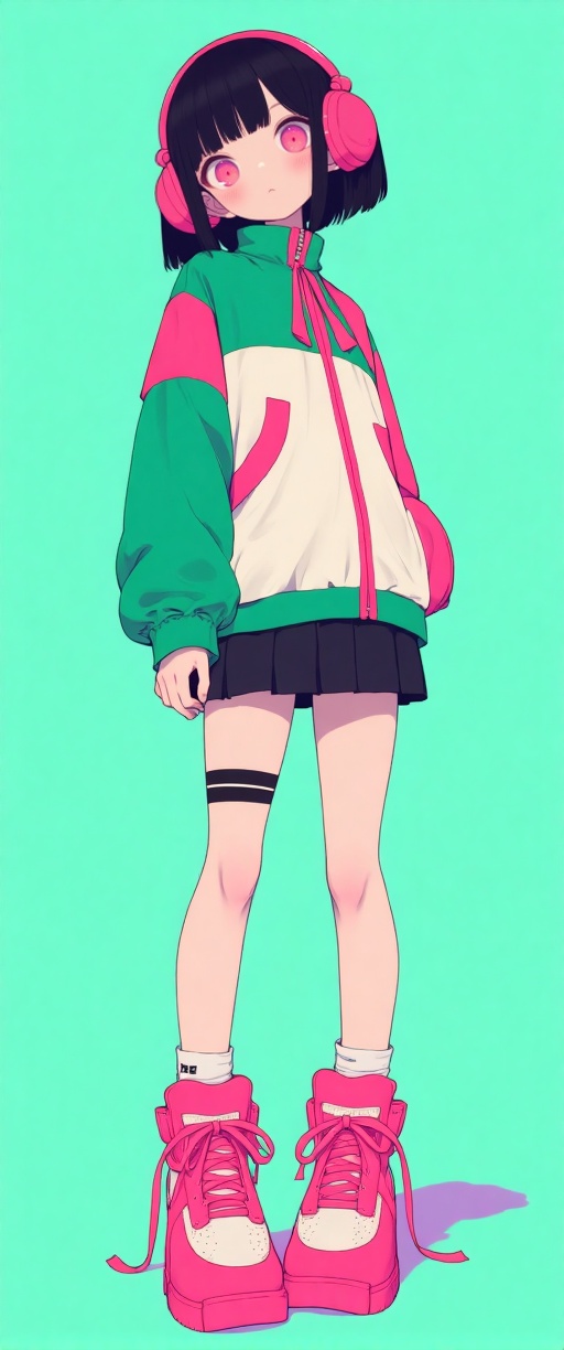 The image depicts a stylized,  anime-inspired character with short black hair and pink eyes. She is wearing a green and wh...
