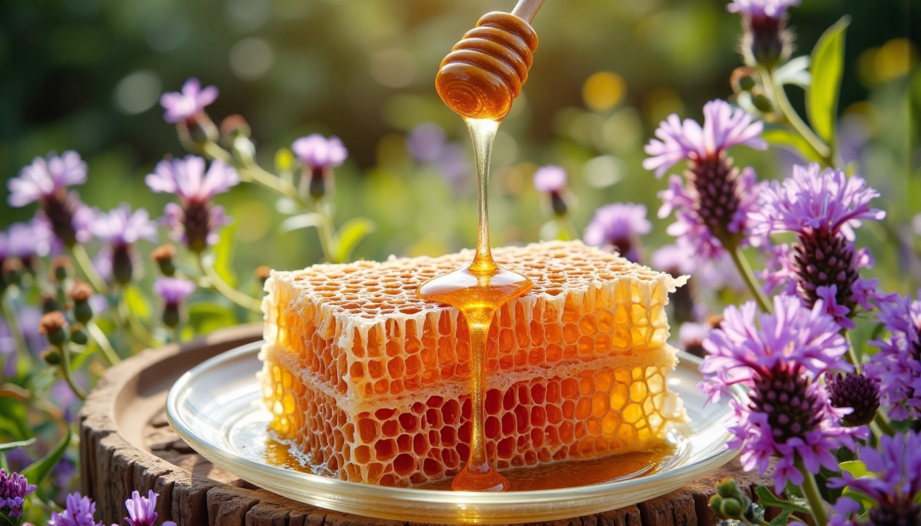 The glass plate with honey combs in honey,  honey dripping down from the wooden honey spoon stick,  placed on the the wood...