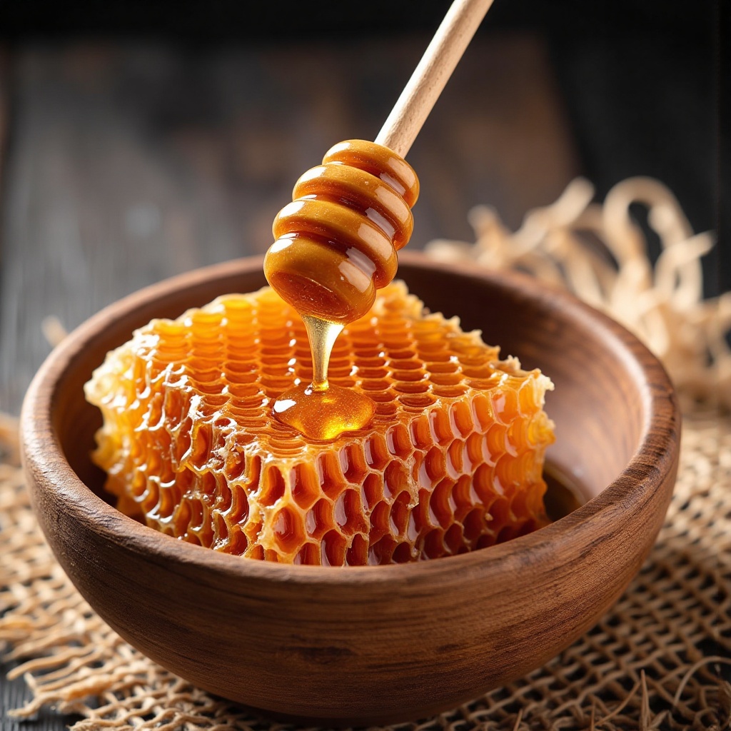 The wooden bowl with honey and honey combs with honey dripping from the wooden honey spoon stick ,  placed on the sack clo...