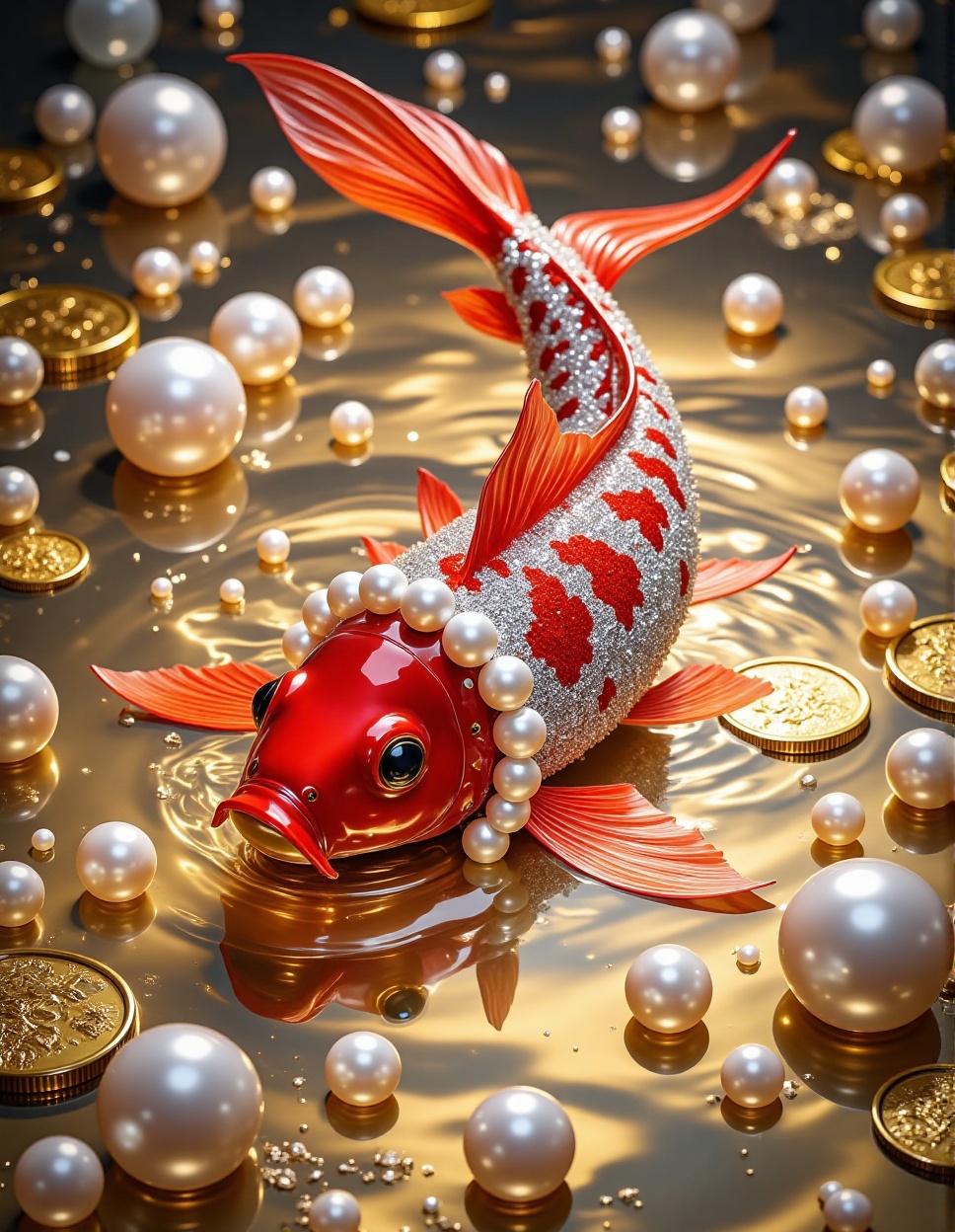 a vibrant and artistic scene featuring a red koi fish adorned with sparkling pearls around its neck,  swimming gracefully...