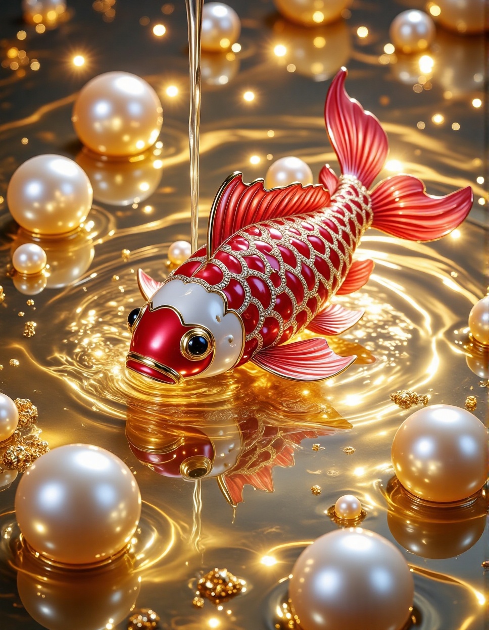 a beautifully crafted jewelry fish,  predominantly red with white accents,  swimming in a golden on Tensor.Art
