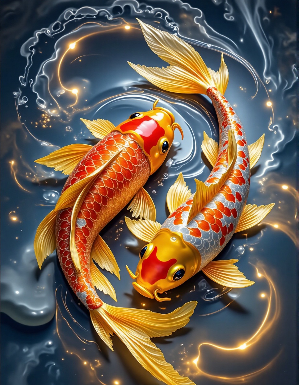 a mesmerizing digital artwork of two vibrant koi fish,  intertwined in a dynamic and fluid manner. The koi fish are render...