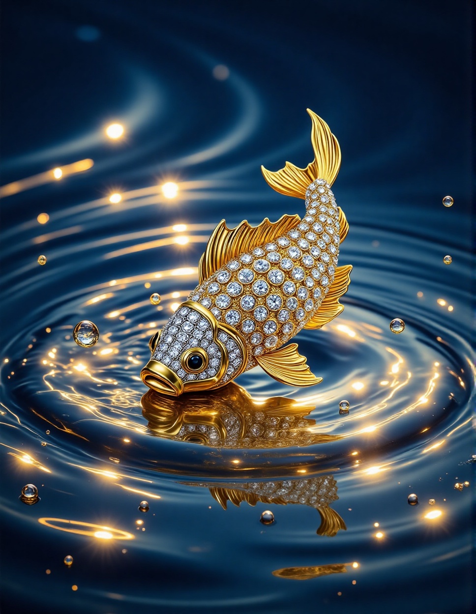 a luxurious,  gold-toned fish brooch floating on a reflective,  shimmering surface that resembles water. The fish is adorn...