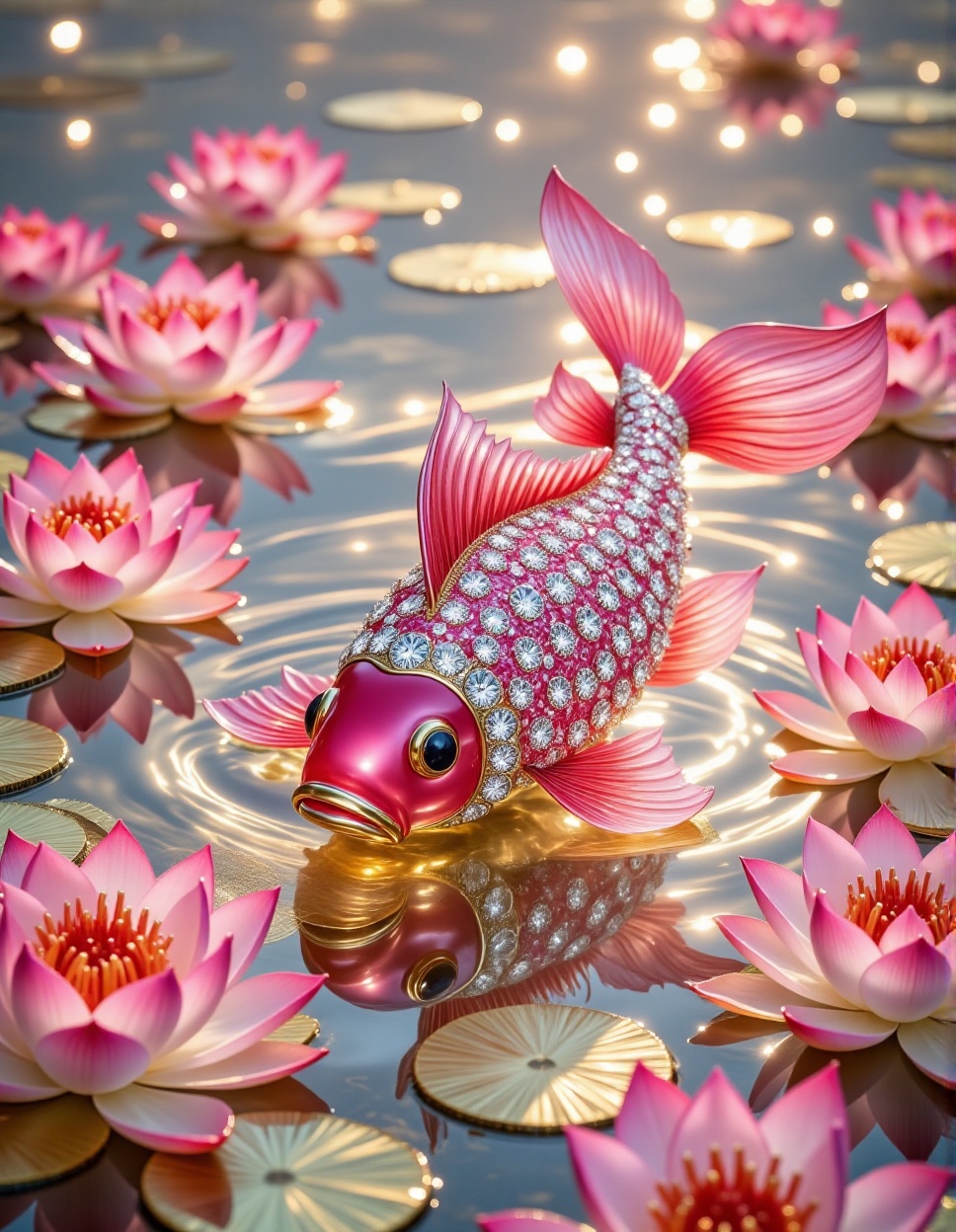 a luxurious and artistic scene featuring a beautifully crafted fish adorned with sparkling gemstones. The fish is predomin...