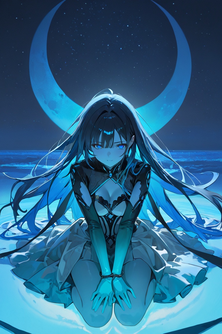 extreme detailed,  a witch sitting on a crescent moon through a starry night,  captured in the detailed gouache style of H...